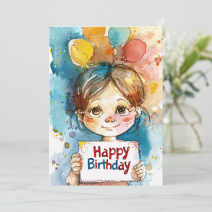 Happy Birthday Cute Girl with Balloons Holiday Card