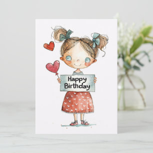 Happy Birthday Cute Girl with Balloons Holiday Card