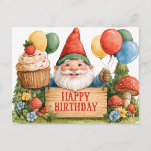 Happy Birthday Cute Gnome Watercolor Illustration Postcard