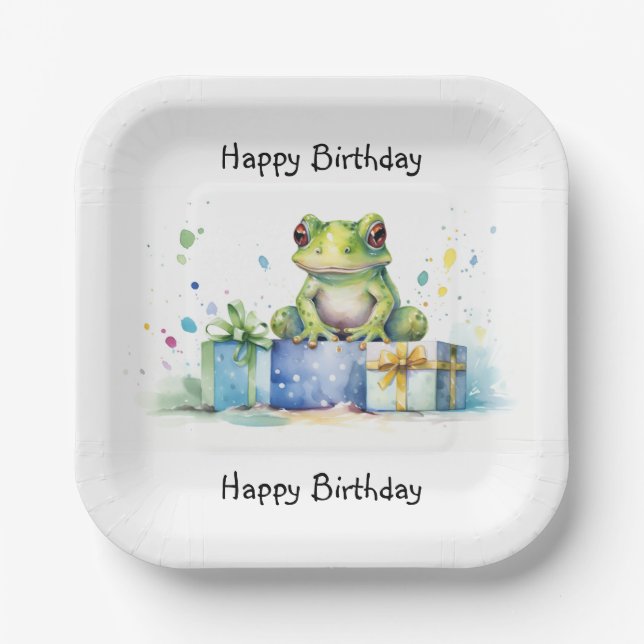 Happy Birthday Cute Green frog with wrapped gifts Paper Plate (Front)