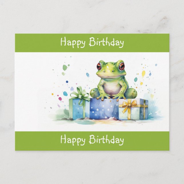 Happy Birthday Cute Green frog with wrapped gifts Postcard (Front)