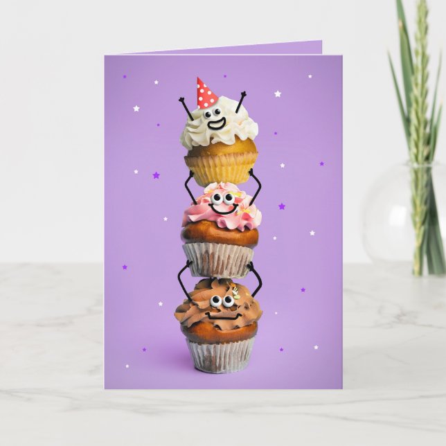 Happy Birthday Cute Happy Stack of Cupcakes Holiday Card (Front)