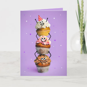 Happy Birthday Cute Happy Stack of Cupcakes Holiday Card