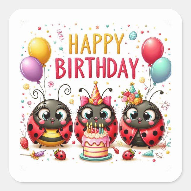 Happy Birthday Cute Ladybugs Celebrating  Square Sticker (Front)