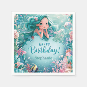 Happy Birthday Cute Mermaid Underwater Coral Reef  Napkin