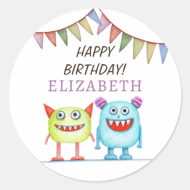 Happy Birthday Cute Monsters  Classic Round Sticker (Front)