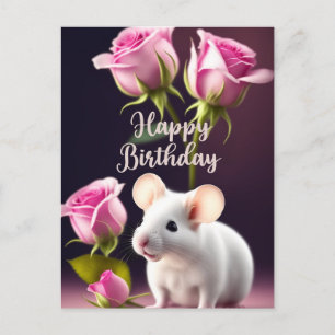 Happy Birthday Cute Mouse with Pink Roses Postcard