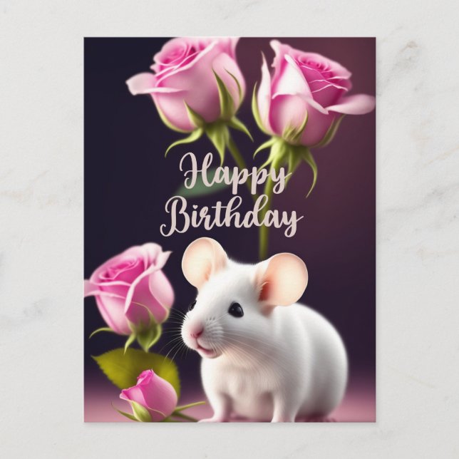 Happy Birthday Cute Mouse with Pink Roses  Postcard (Front)