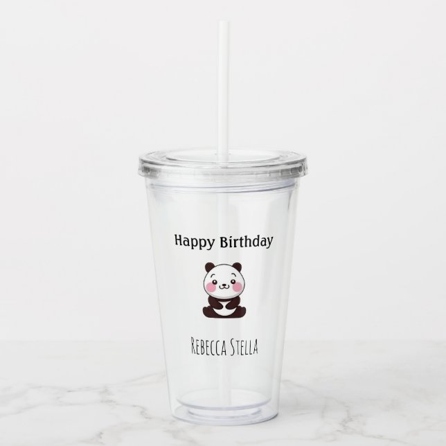Happy birthday cute panda bear yellow acrylic tumbler (Front)
