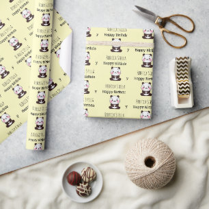 Happy birthday cute panda bear yellow wrapping paper