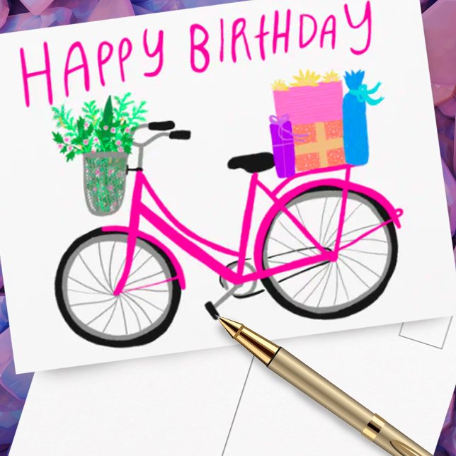 HAPPY BIRTHDAY Cute Pink Bicycle Custom  Postcard (Happy Birthday card with cute bicycle illustration)