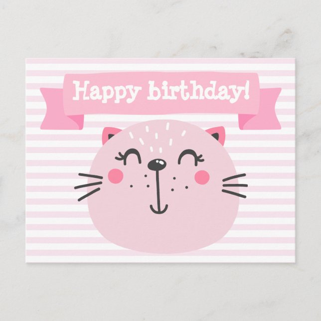Happy birthday! Cute Pink Cat - Kids Birthday Announcement Postcard (Front)