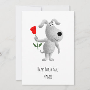 Happy Birthday Cute Puppy Dog Red Rose Card