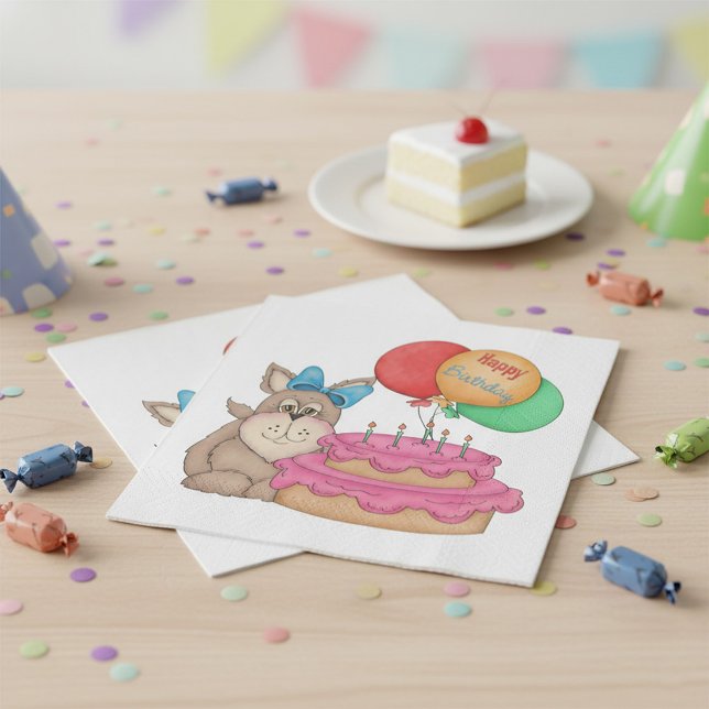 Happy Birthday Cute Puppy with Balloons and Cake  Napkin (Creator Uploaded)
