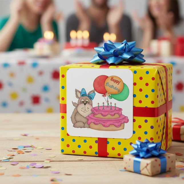 Happy Birthday Cute Puppy with Balloons and Cake  Square Sticker (Creator Uploaded)