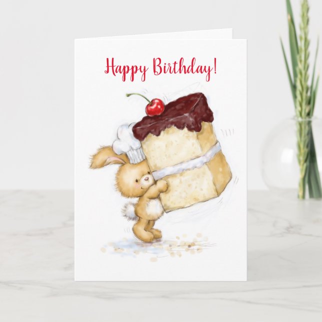 Happy Birthday, Cute Rabbit Holding a Huge Cake. Card (Front)