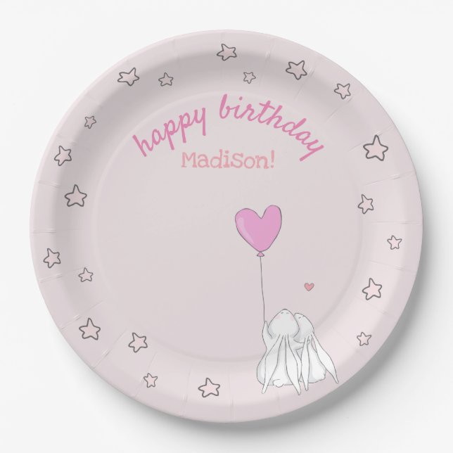 Happy Birthday! Cute Rabbits Girl's Birthday Paper Plate (Front)
