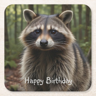 Happy Birthday Cute Racoon   Square Paper Coaster