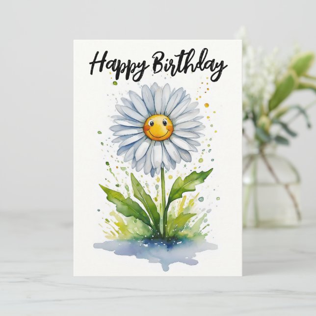 Happy Birthday Cute Smiling Daisy Holiday Card (Standing Front)