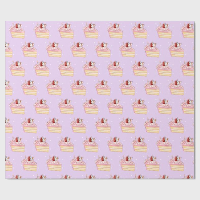 Happy Birthday Cute Strawberry Shortcake and Mochi Wrapping Paper (Flat)