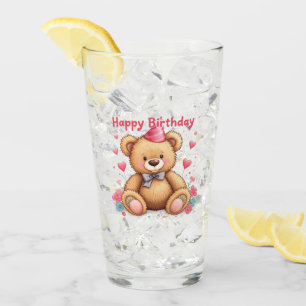 Happy Birthday Cute Teddy Bear with Pink Hearts Glass