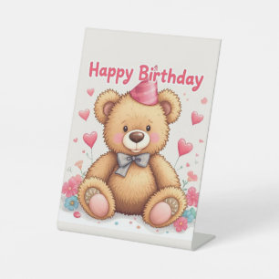 Happy Birthday Cute Teddy Bear with Pink Hearts Pedestal Sign
