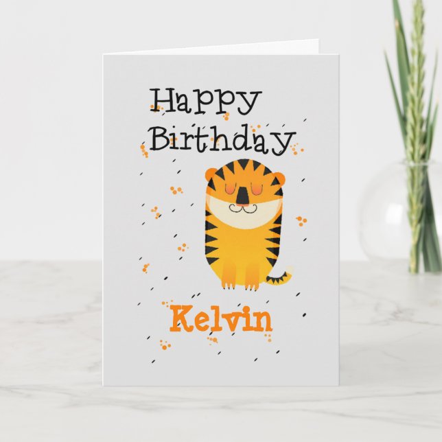 Happy birthday cute tiger custom name grey card (Front)