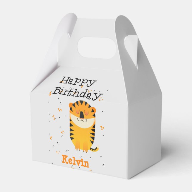 Happy birthday cute tiger custom name grey favour box (Front Side)