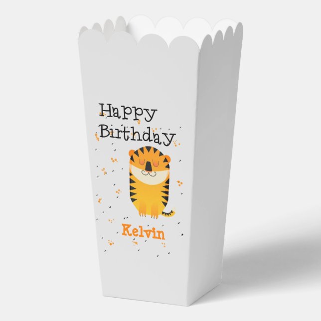 Happy birthday cute tiger custom name grey favour box (Front)
