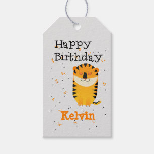 Happy birthday cute tiger custom name grey gift tags