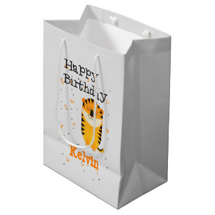 Happy birthday cute tiger custom name grey medium gift bag