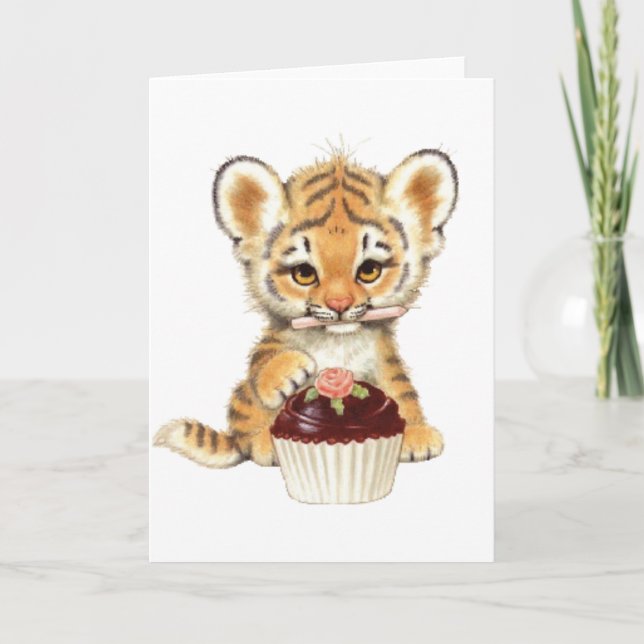 Happy Birthday - Cute Tiger with Cupcake Card (Front)