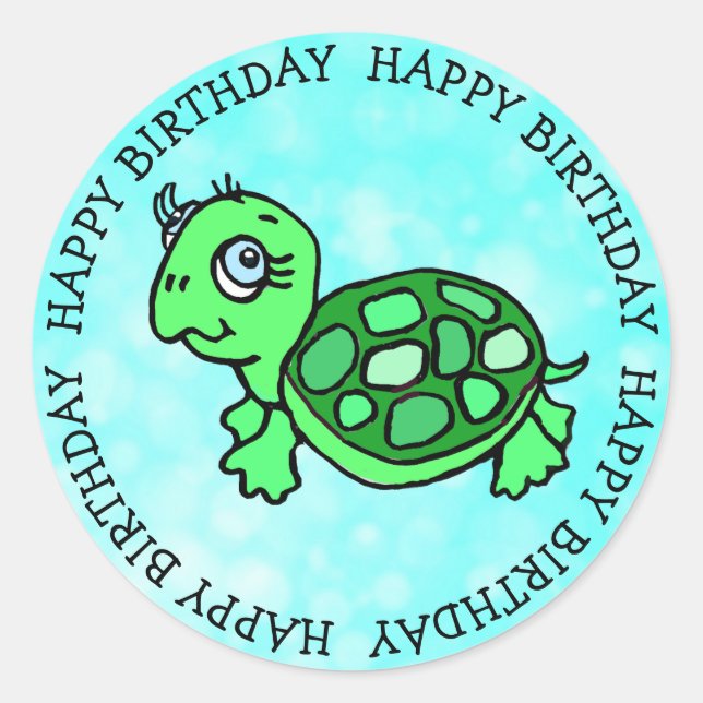 Happy Birthday Cute Tropical Turtle Classic Round Sticker (Front)