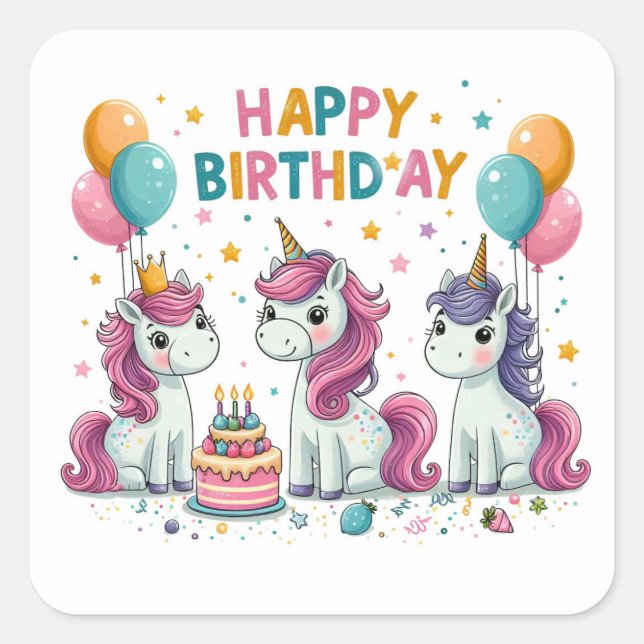 Happy Birthday Cute Unicorns Celebrating  Square Sticker (Front)