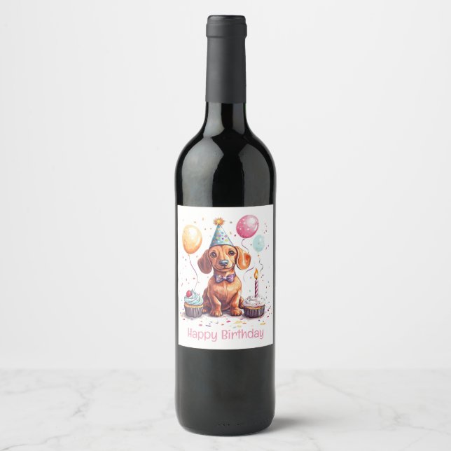 Happy Birthday Dachshund Dog  Wine Label (Front)