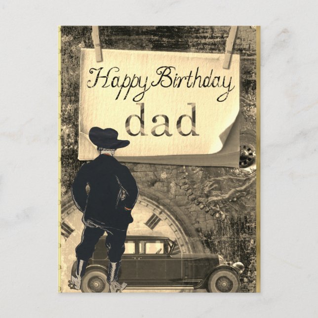  Happy Birthday Dad  Car Cowboy Clock Postcard (Front)
