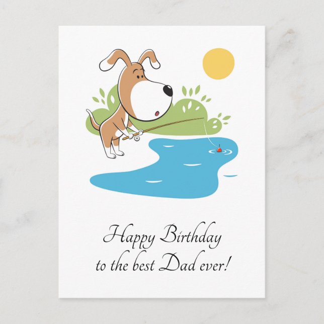 Happy Birthday Dad Cartoon Dog Puppy Fishing Postcard (Front)