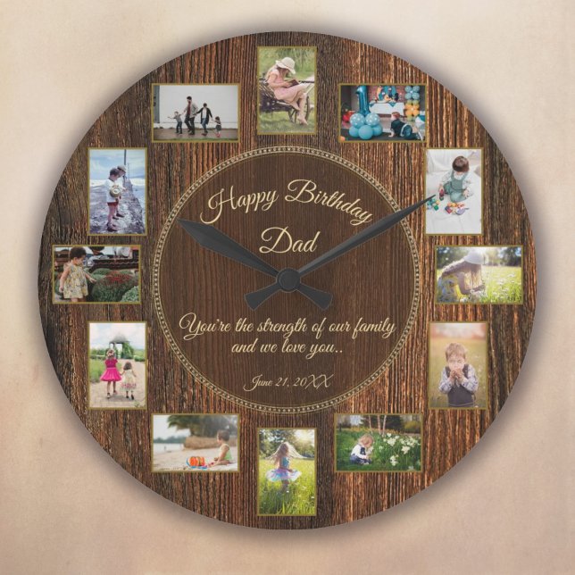 Happy Birthday Dad Rustic Wood Photo Template Large Clock (Happy Birthday Dad Rustic Wood Photo Template Large Clock)