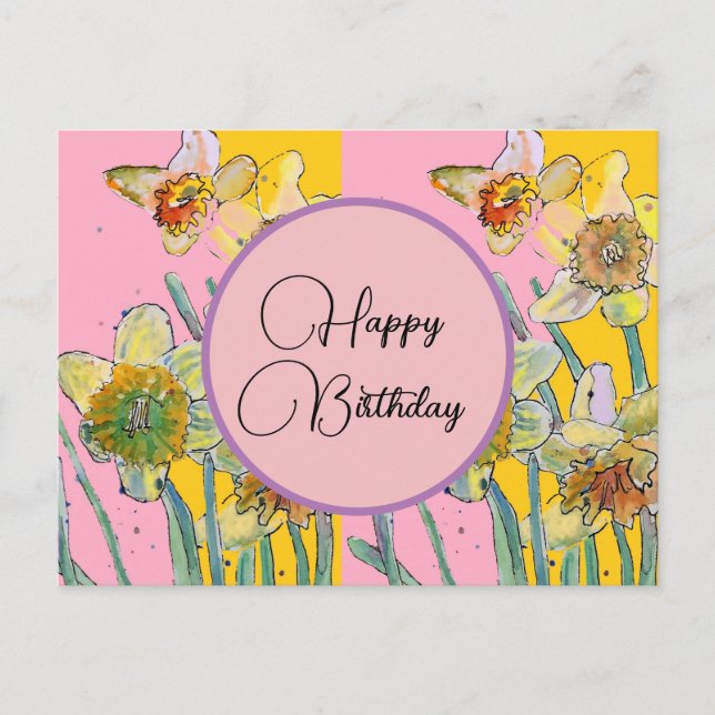 Happy Birthday Daffodil floral Pink Postcard (Front)