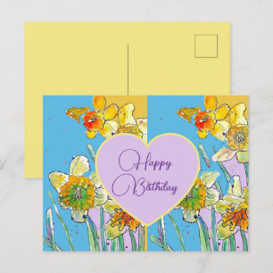 Happy Birthday Daffodil floral Yellow Purple Postcard