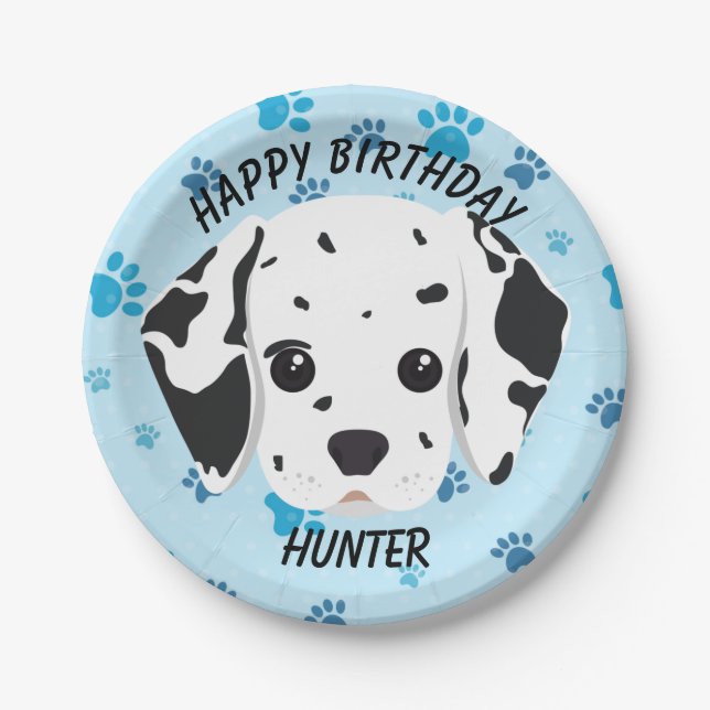 Happy Birthday Dalmatian Puppy Blue Paw Print Paper Plate (Front)