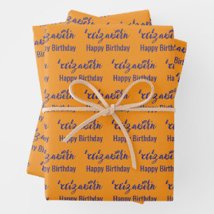 Happy Birthday Dark Blue Script Name Orange Wrapping Paper Sheet