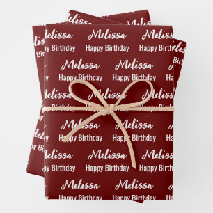 Happy Birthday Dark Red and White Name Pattern Wrapping Paper Sheet