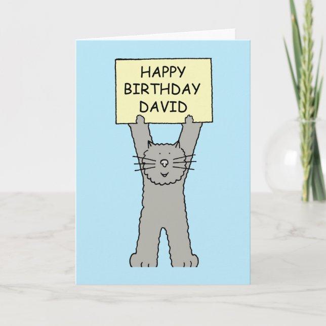 Happy Birthday David, Cartoon Cat. Card (Front)