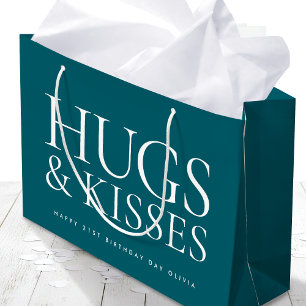 Happy Birthday Day Any Age Hugs & Kisses Teal Large Gift Bag