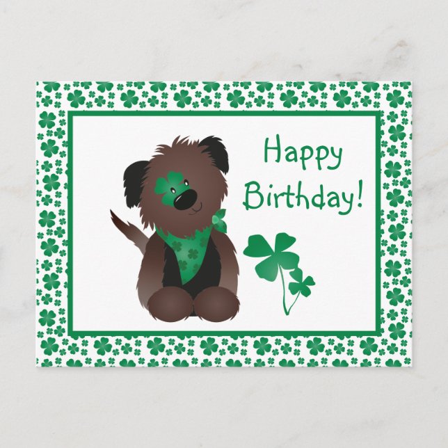 Happy Birthday Day Dog Shamrock Green Postcard (Front)