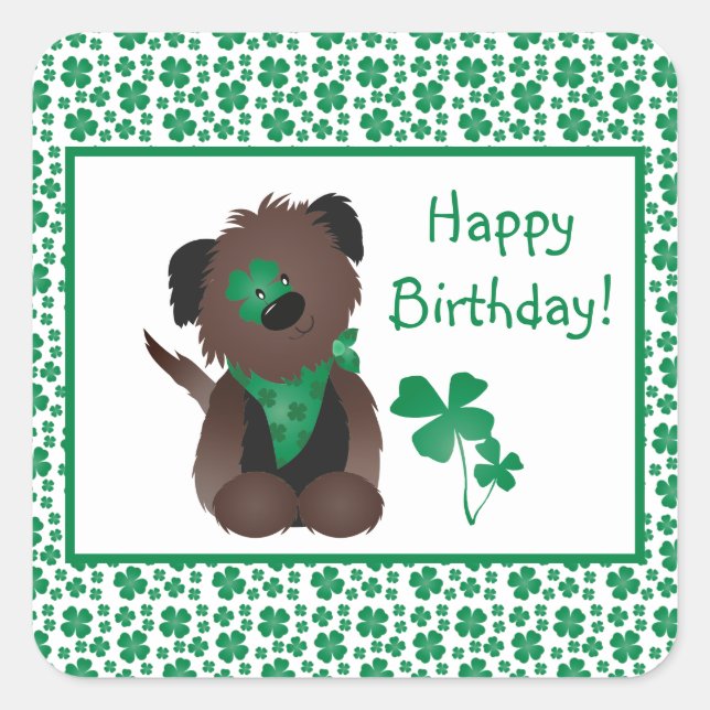 Happy Birthday Day Dog Shamrock Green Square Sticker (Front)