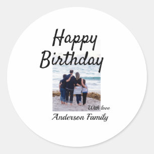 Happy birthday day photo family name elegant class classic round sticker