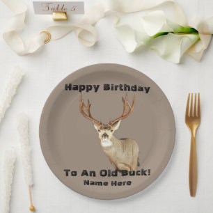 Happy Birthday Deer Buck Antlers Old Funny Hunting Paper Plate