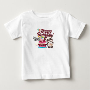 Happy Birthday Delight: Adorable Panda & Cake Baby T-Shirt